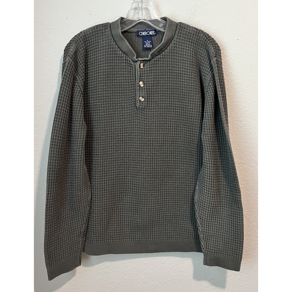 Vintage 90's Cherokee Men's Waffle Knit Henley Shirt Medium Olive Green Long Slv